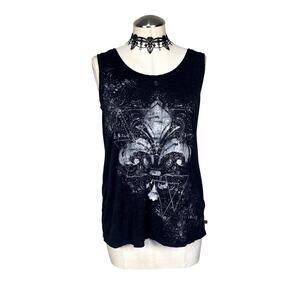 Vtg Y2k R&R Fleur De Lis Mallgoth Grunge Goth Emo Open Back Ruched Tank Top Sz L